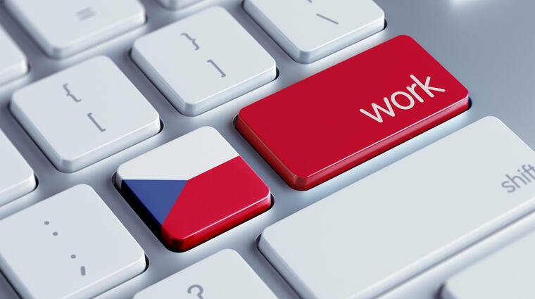 keyboard with a Czech flag and red key saying "work"